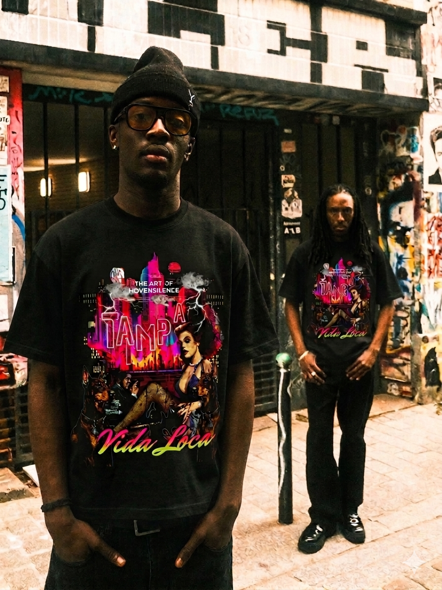 MNS Vida Loca Tampa Tee detail of the neon Tampa skyline graphic
