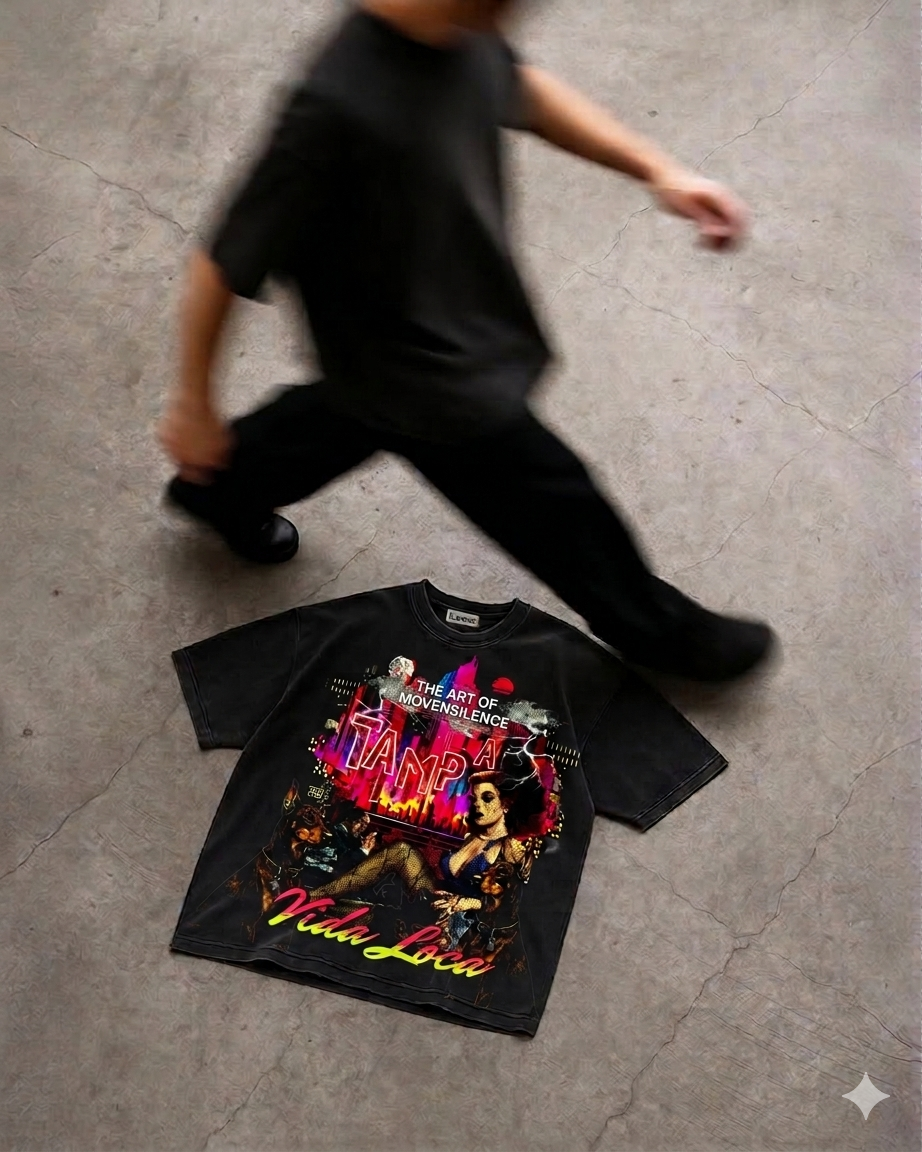 MNS Vida Loca Tampa Tee in washed black with a neon Tampa skyline and Vida Loca front print