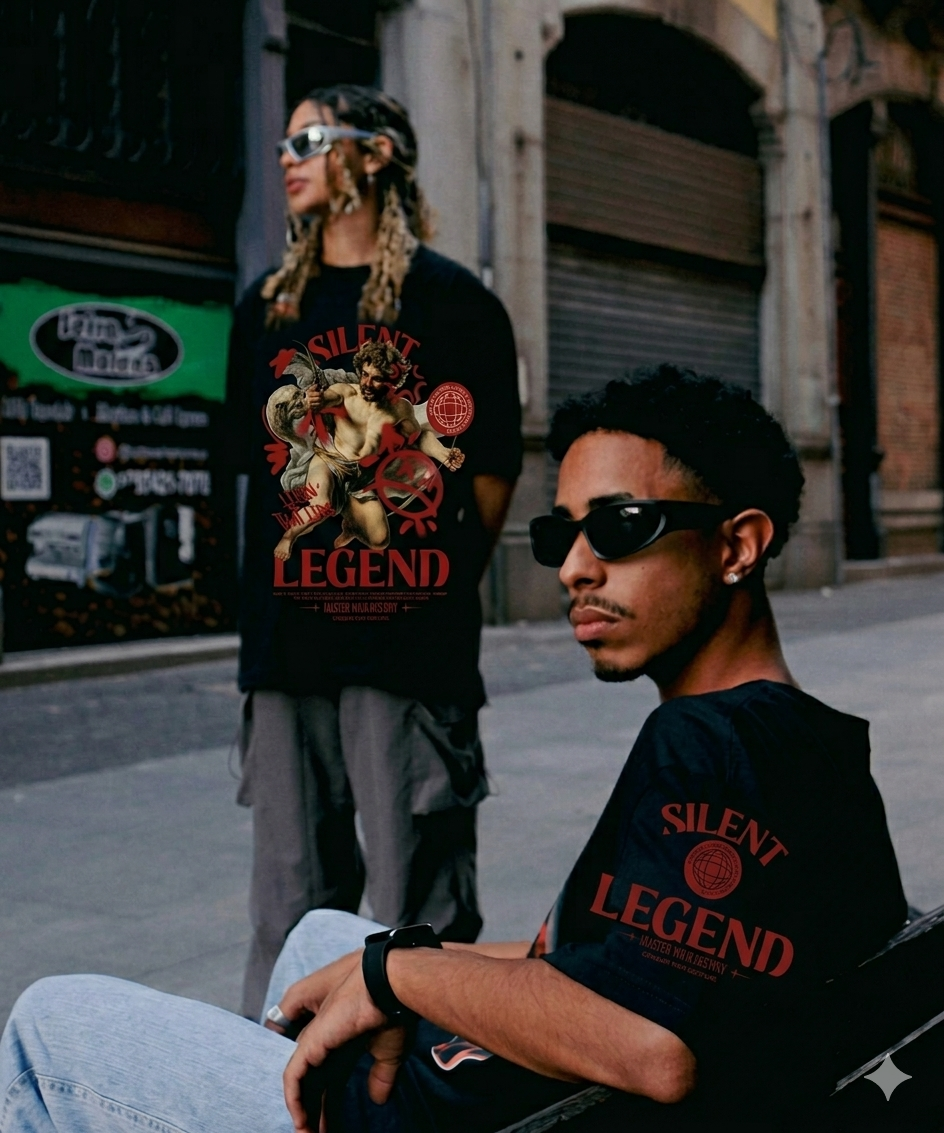 MNS Legends Tee worn by two models in black on the street